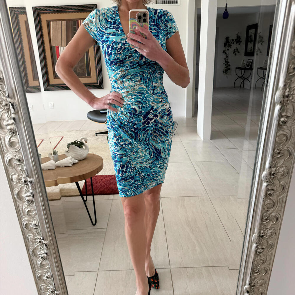 Vintage Cache Blue Printed Wrap Bodycon Dress Size S